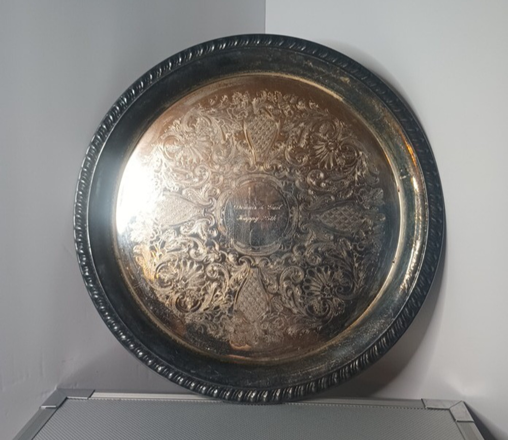 Kent Silversmiths Silver Plated Platter Tray Vintage 12" Etched Floral Patina